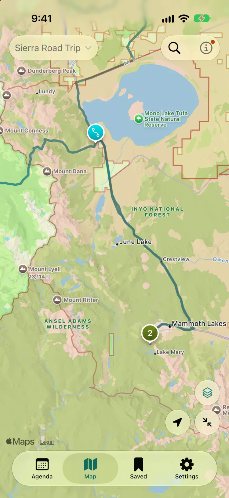Yonder's map around Mono Lake and Mammoth Lakes with BLM land and national forest boundaries shown, and the trip route along US 395.