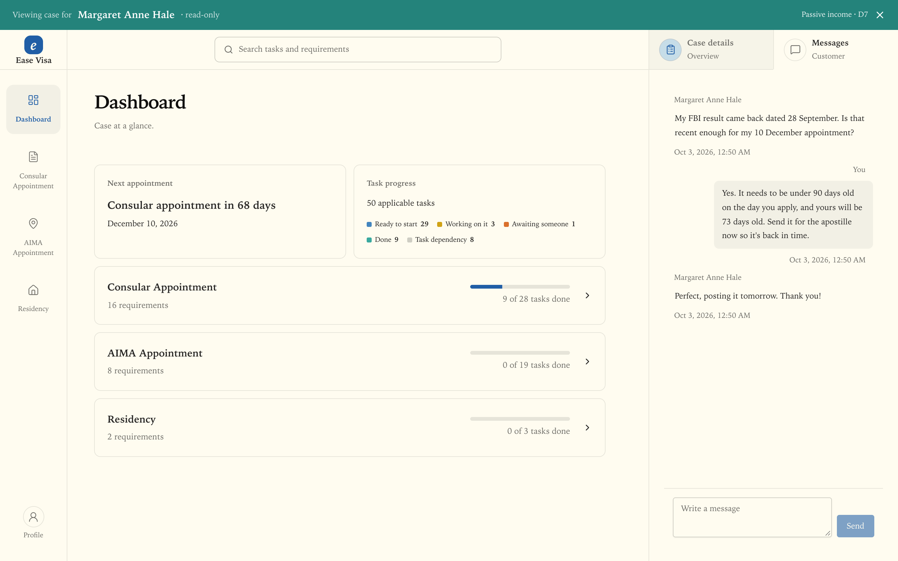 A lawyer's read-only view of a customer's dashboard, with a short message thread about the date on an FBI check.