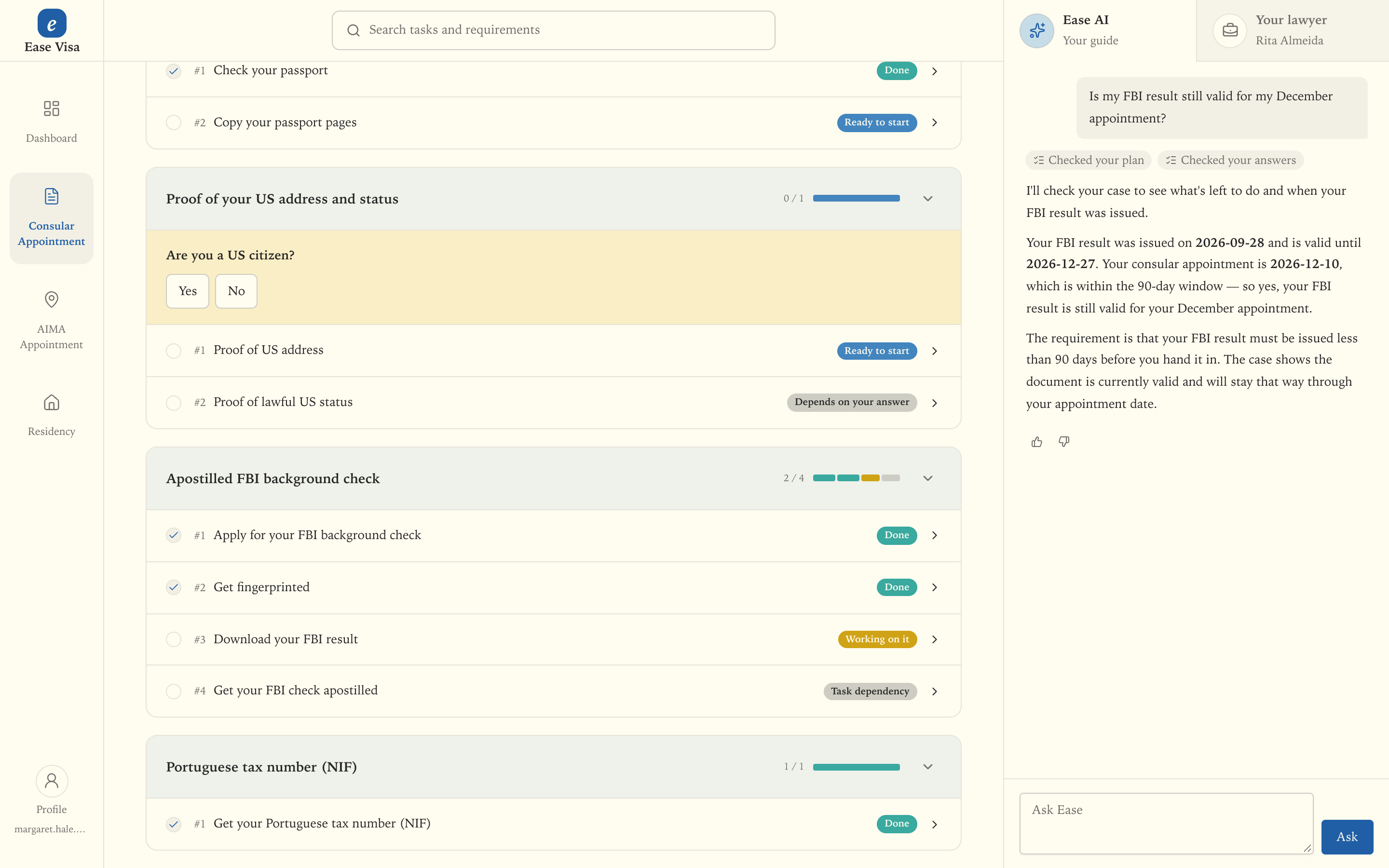 The Consular Appointment stage with an inline "Are you a US citizen?" question, task status chips, and Ease confirming the customer's FBI check is still valid for their appointment.